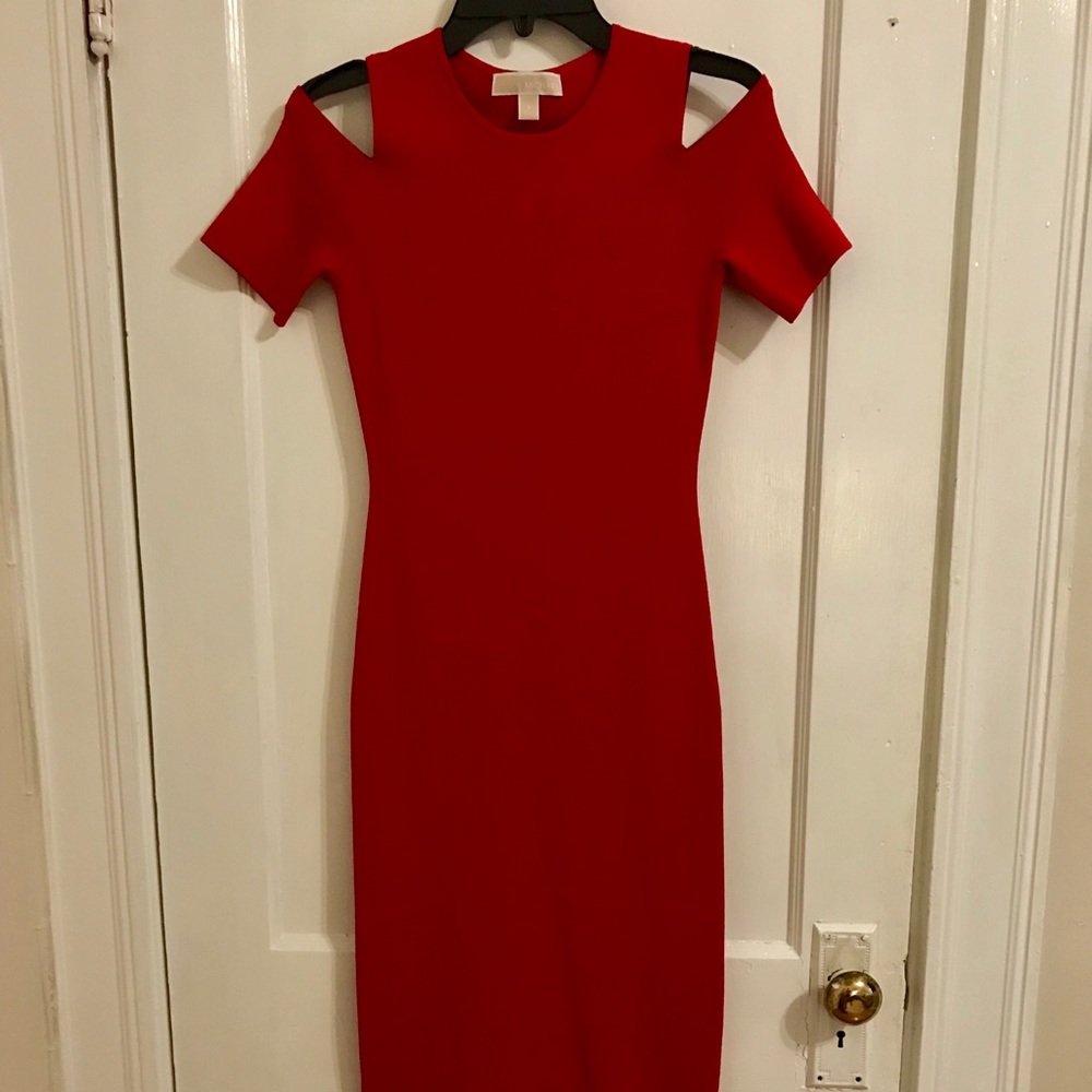Red Cold Shoulder Michael Kors Midi Dress